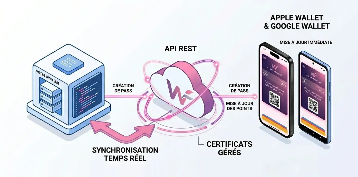 Schéma d'intégration : votre logiciel d'accès envoie les événements droits à l'API Walleett, qui génère et met à jour les pass dans Apple Wallet et Google Wallet